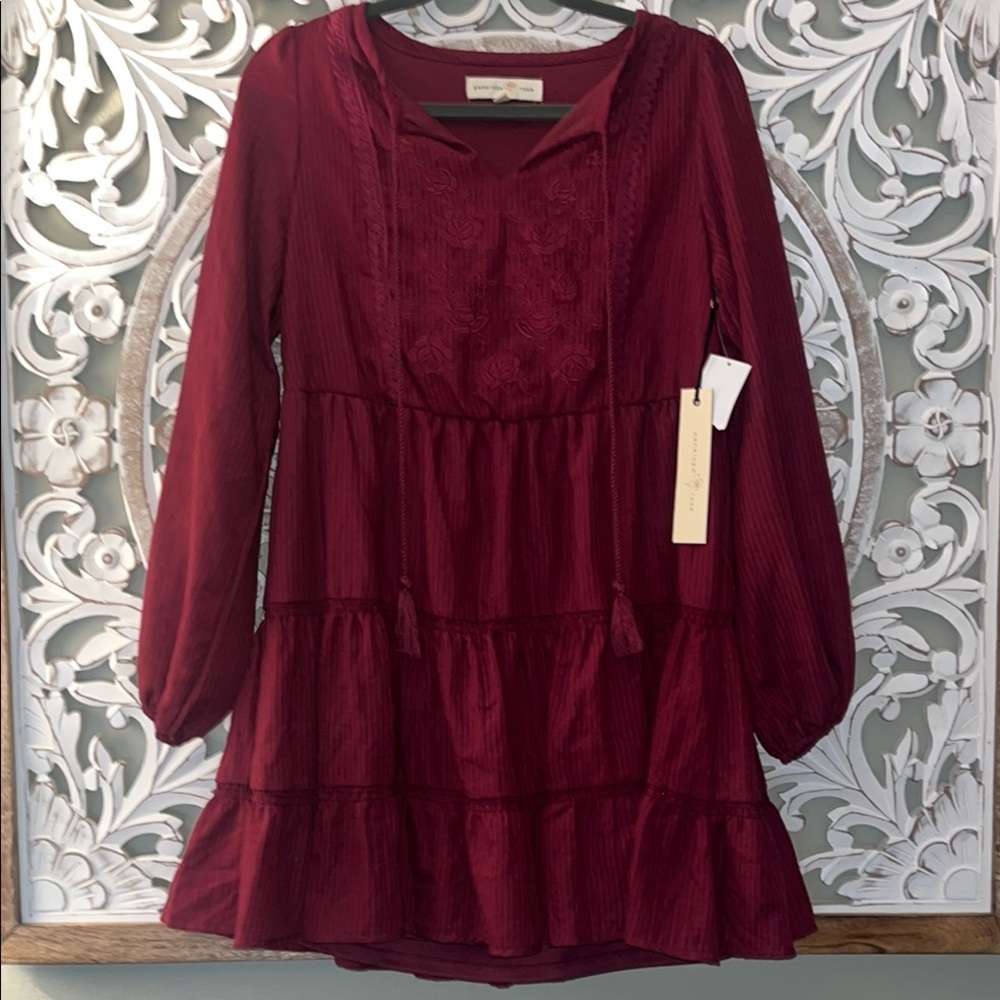 Penelope Rose Plus Wine Color Embroidered Tiered Ruffle Boho / Western Dress NWT